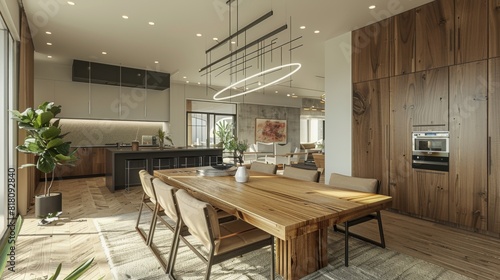 Detailed view of a modern dining room with a wooden table  designer chairs  and a chic chandelier