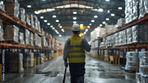 Warehouse Worker Inspecting Clipboard Industrial Management in a Logistic Center Generative ai