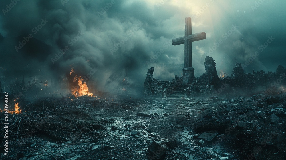 A cross stands in a ruined city. A cross stands in a ruined city.