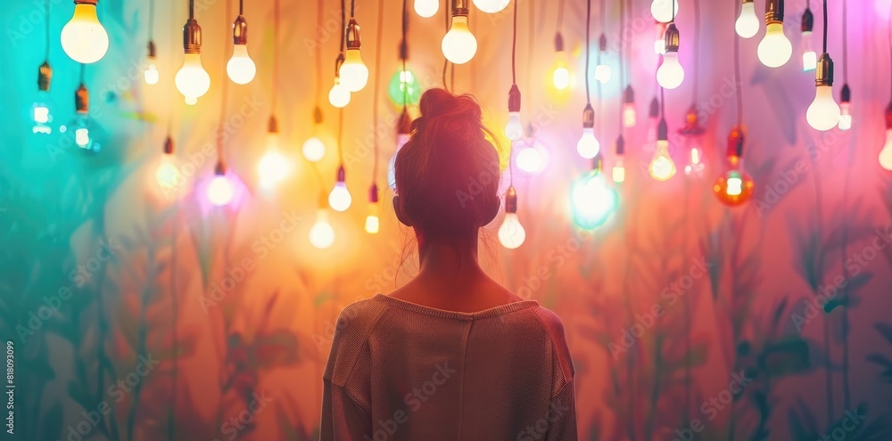 Young woman standing in front of a wall with colorful light bulbs hanging on it, looking at the lights from behind. Soft pastel colors with a soft focus. Stock photo with space for text below.