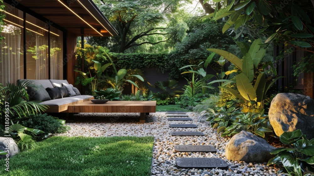 Detailed view of a modern garden with a simple wooden bench, lush greenery, and sculptural elements