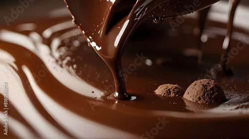 Liquid chocolate is pouring in chocolate mix, close up.