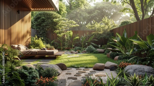 Detailed view of a modern home garden with a clean-lined wooden fence, lush greenery, and simple seating © G.Go