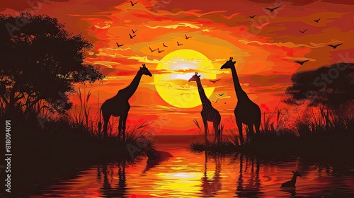 Sunset giraffes. Generative AI