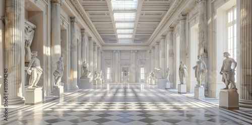 White marble statues and sculptures in an empty museum room with columns, ambient light from above, modern design furniture, high resolution, photorealistic, photo