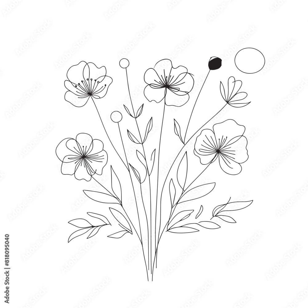 Botanical arts. Hand drawn continuous line drawing of abstract flower, floral. Vector illustration. 