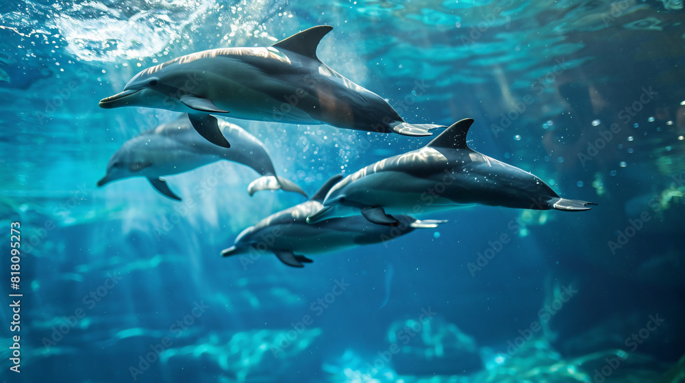 Obraz premium Dolphins swimming underwater. The dolphins move gracefully through the clear blue water, with sunlight filtering through, creating a serene aquatic scene..