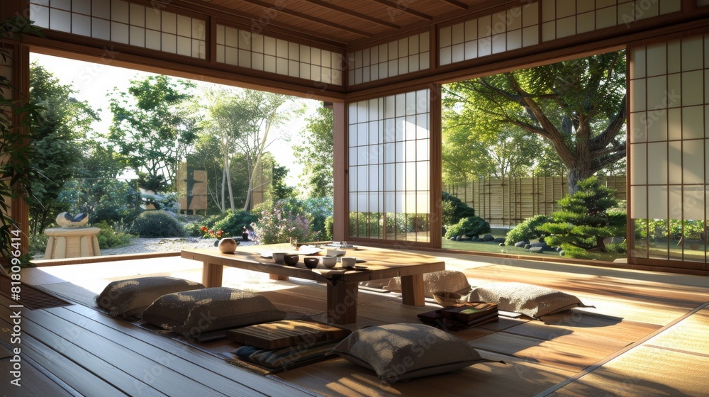 Dining room with a Japanese aesthetic, featuring a low table, floor cushions, and a view of a zen garden Dining room with a Japanese aesthetic, featuring a low table, floor cushions, and a view of a zen garden