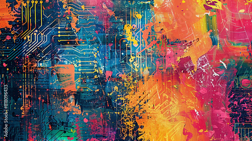 A canvas with a rich texture  covered in vibrant colors and bold brush strokes  with a pattern that resembles a circuit board on a rich texture background.