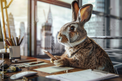 A rabbit wearing a suit and tie sits at a desk in an office  looking at the city skyline outside the window.
