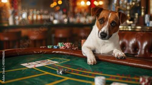 A cute Jack Russell Terrier sits at a blackjack table, looking up at the camera with a paw on the table. photo