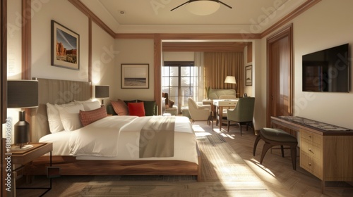 A luxurious hotel room featuring a king bed  study desk  and cozy seating area  bathed in afternoon sunlight.