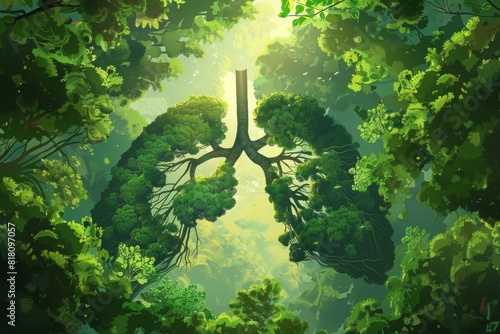Green lung filled by the forest trees for healthy environment. Postproducted generative AI illustration 