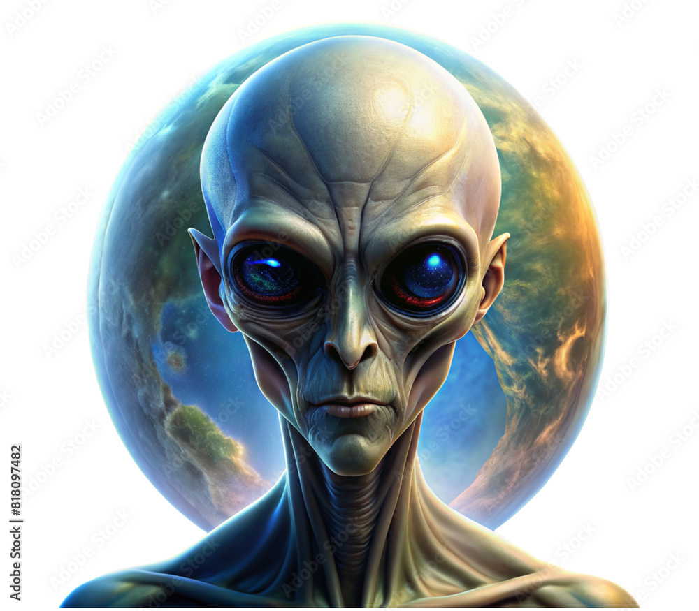 Alien being with earth-like planet background