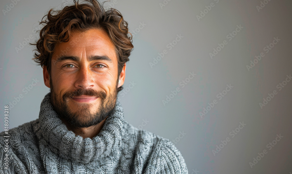 Fototapeta premium Handsome Young Man with Beard in Casual Sweater Smiling Confidently Against Plain White Background, Radiating Happiness and Charm