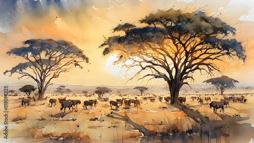 Watercolor paintings of animals and grasslands in Africa, savannah.