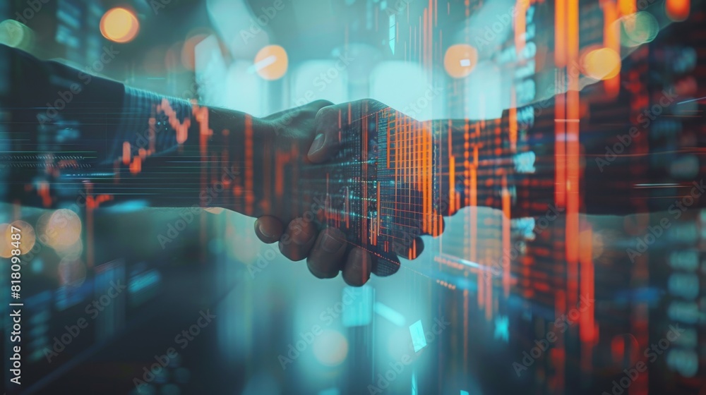 Double exposure of a handshake overlaid with computer analysis and business growth charts Double exposure of a handshake overlaid with computer analysis and business growth charts