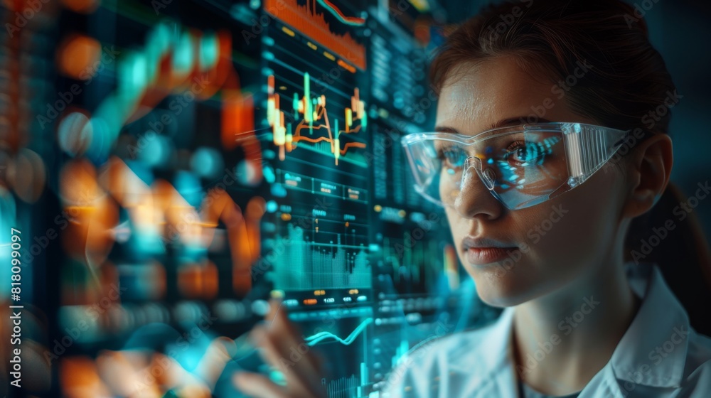 Double exposure of a lab technician using advanced equipment, combined with market trends and financial graphs Double exposure of a lab technician using advanced equipment, combined with market trends and financial graphs