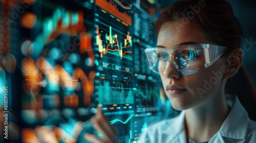 Double exposure of a lab technician using advanced equipment  combined with market trends and financial graphs