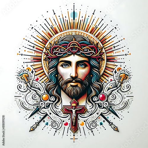 A drawing of a jesus christ with a crown of thorns and cross image card design used for printing image.