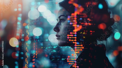 Double exposure of a researcher analyzing genetic data, combined with business finance charts and partnership agreements