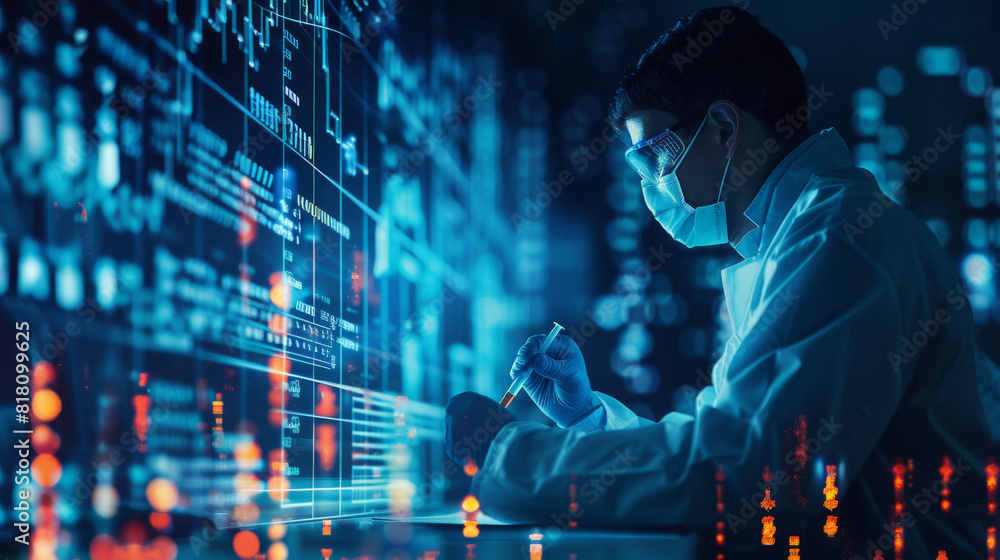 Double exposure of a researcher injecting samples, combined with financial growth graphs and partnership documents Double exposure of a researcher injecting samples, combined with financial growth graphs and partnership documents