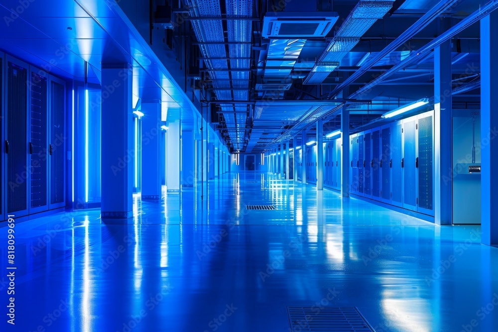 Long hallway with blue lights in a building. Data center background Long hallway with blue lights in a building. Data center background