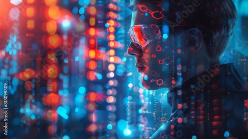 Double exposure of a scientist in a lab overlaid with genetic sequencing data, symbolizing biotech research and business finance