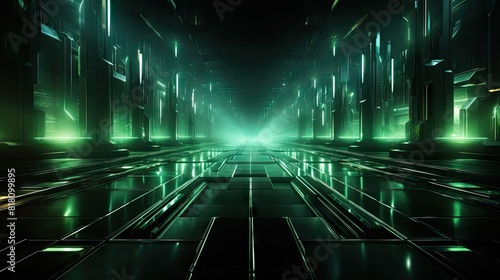 Wallpaper Mural Futuristic Neon Green Hallway with Glowing Lights and Symmetrical Structure Torontodigital.ca