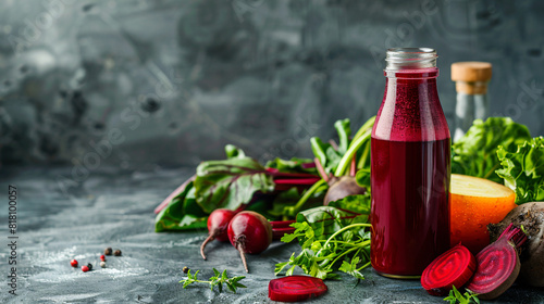 Glass and bottle of fresh beetroot juice with vegetabl