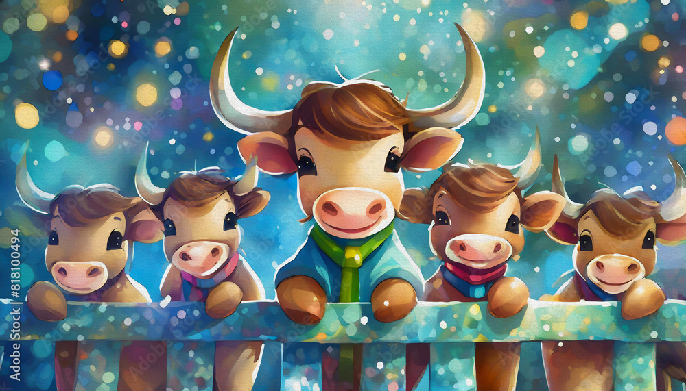 Fototapeta premium oil painting style Cartoon character A group of miniatures longhorn beefs behind a metal fence,