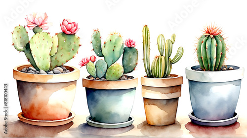 Cactus potted, watercolor painting.
