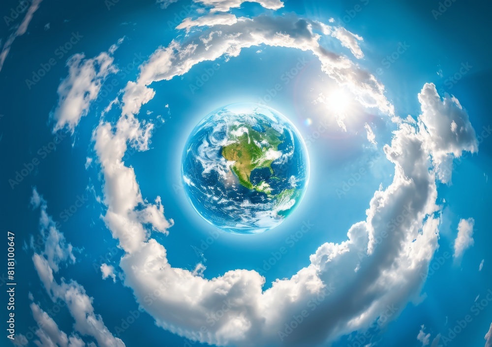 Naklejka premium Minimalist Illustration of a Tiny Planet with Cloud-Covered Earth and Blue Sky. Clean Design with Ample Copy Space.