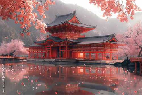 Vectorial illustration of Japanese temple with cherry trees, gently falling flower petals  © Alghas