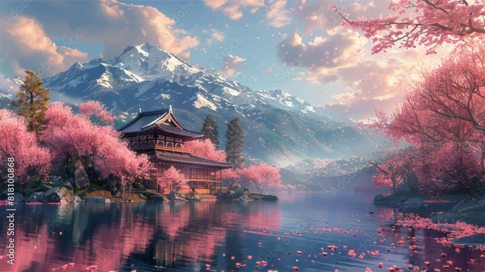 Vector illustration of edo japanese country house in the backround of lake, rolling hills, peaceful blooming cherry blossoms, pink, pastelle artstyle	
