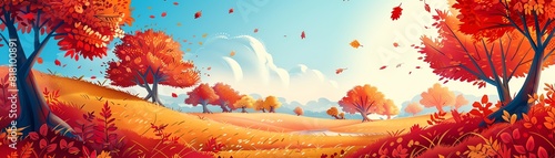 The image shows a beautiful autumn landscape with red and yellow leaves falling from the trees. The sky is blue with hazy clouds and the sun is shining brightly.