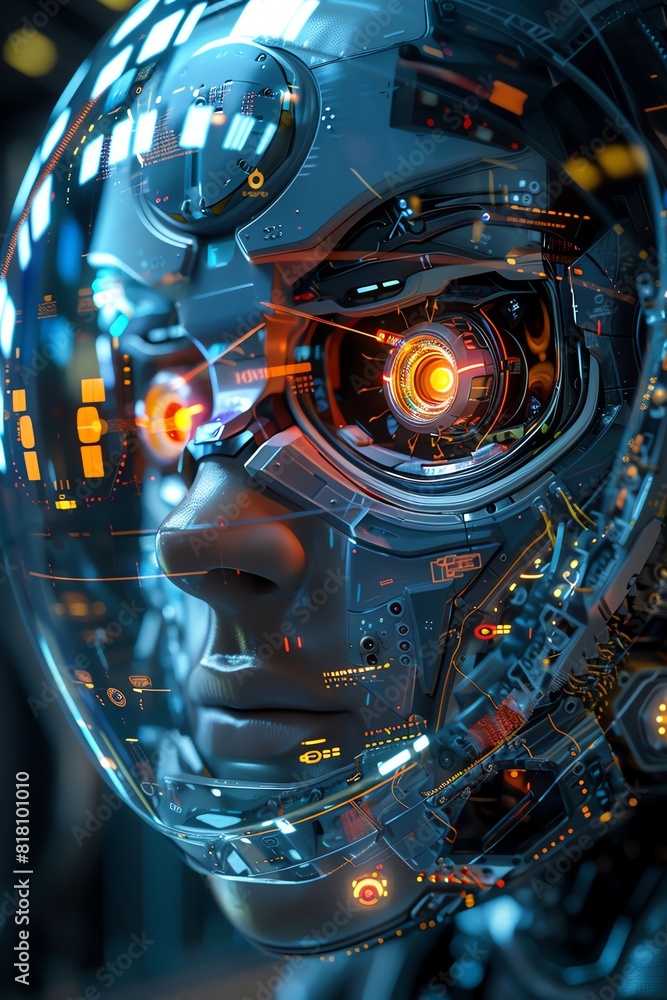 The image shows a close-up of a robot's face The image shows a close-up of a robot's face