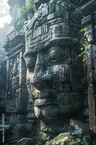 The image shows a giant stone head covered in moss and vines, with sunlight shining through the trees.