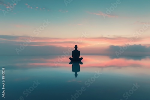 The image shows a man sitting in a yoga pose on a calm lake at sunset  with a beautiful sky and clouds reflecting in the water.
