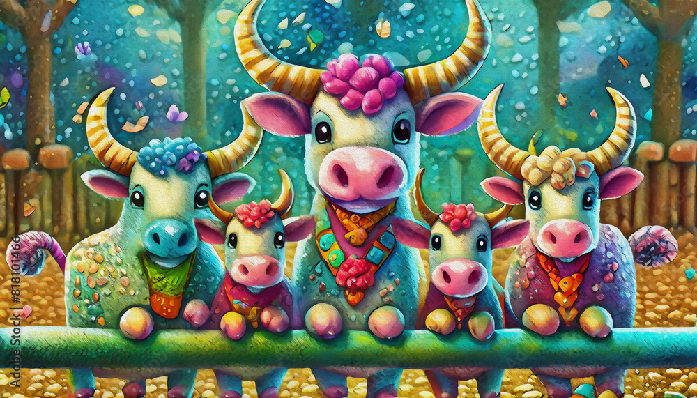 oil painting style Cartoon character A group of miniatures longhorn beefs behind a metal fence, oil painting style Cartoon character A group of miniatures longhorn beefs behind a metal fence,