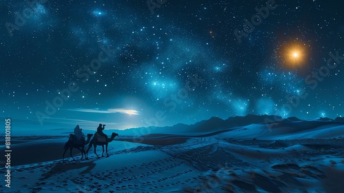 The Three Wise Men are guided by the Star of Bethlehem to the birthplace of Jesus. photo