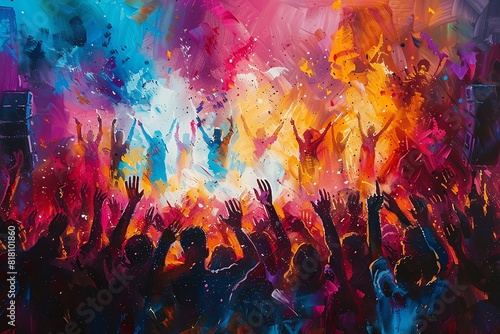 This is an abstract painting of a crowd of people at a concert or festival
