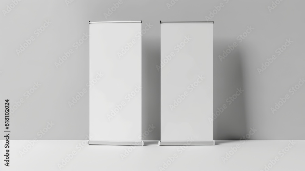 Blank White Roll-Up Banner Display Mockup: Isolated 3D Rendering Blank White Roll-Up Banner Display Mockup: Isolated 3D Rendering