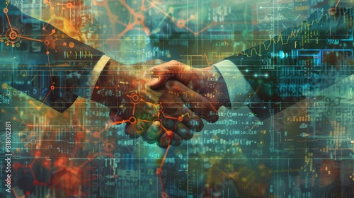 Handshake in a biotech setting, overlaid with molecular data and financial growth charts photo