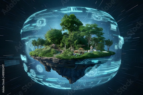 Futuristic floating island merges nature with technology, symbolizing sustainability, eco friendliness