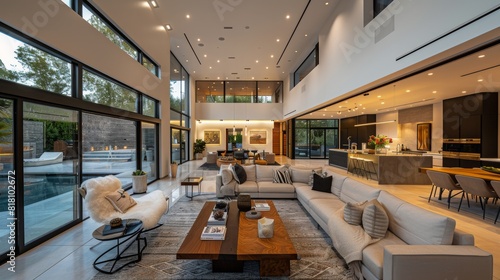 High-detail photo of a contemporary living room with an open floor plan  modern furniture  and clean lines