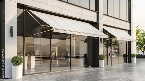 Fototapeta Naklejka Na Ścianę i Meble -  modern retail and business complex with sleek awning inviting storefront and office space for rent or purchase 3d illustration