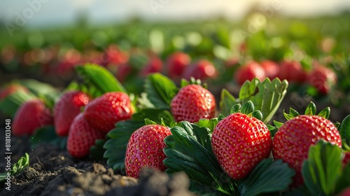 A field of bright red strawberries ready for harvest.