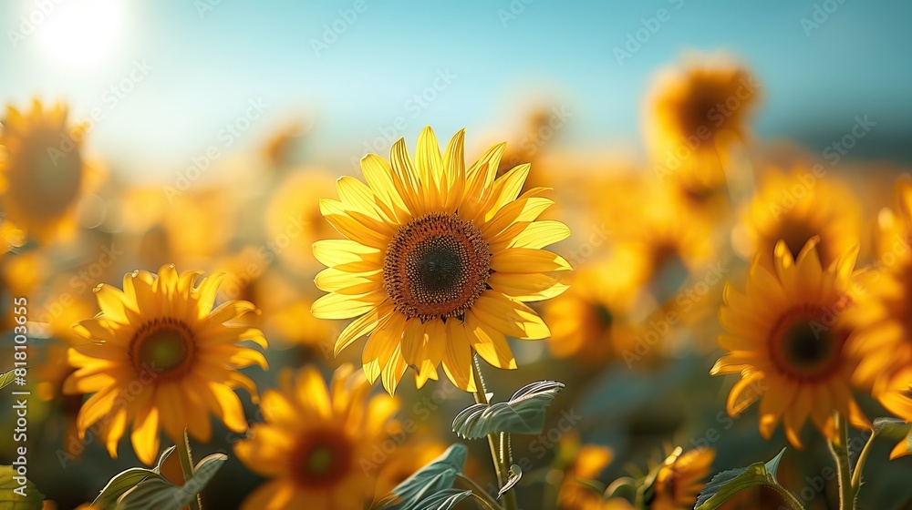 Fototapeta premium A field of tall sunflowers under a clear blue sky.