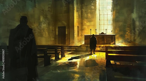 mysterious courtroom mumbling enigmatic convict and shadowy figure in tense setting digital painting